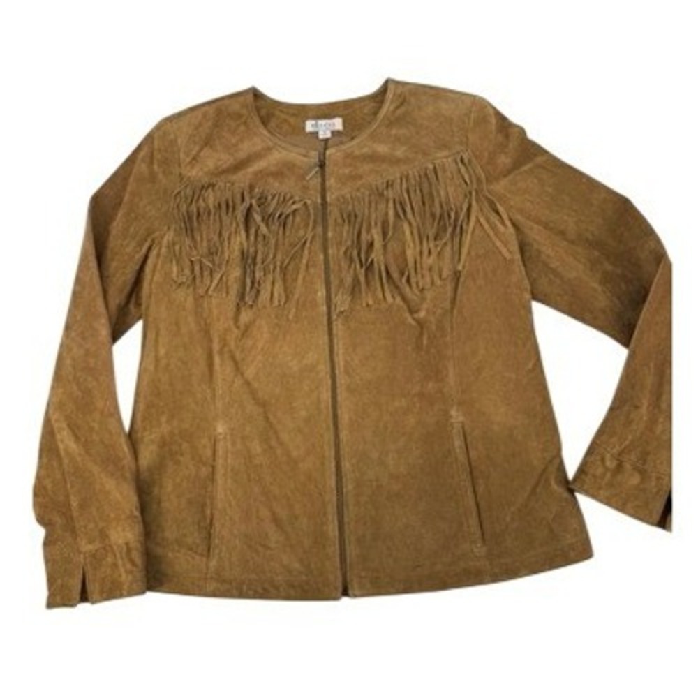 Denim & Co Fringe Suede Leather Jacket Womens M Tan Western Zip Front A270190